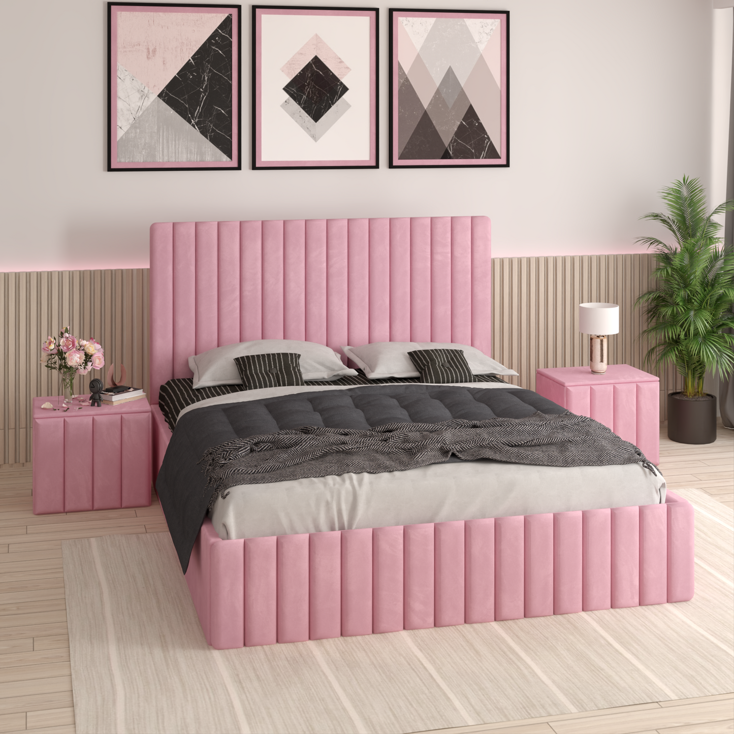 Pat Tapitat MELANIA Cu 2 Noptiere Tapitate