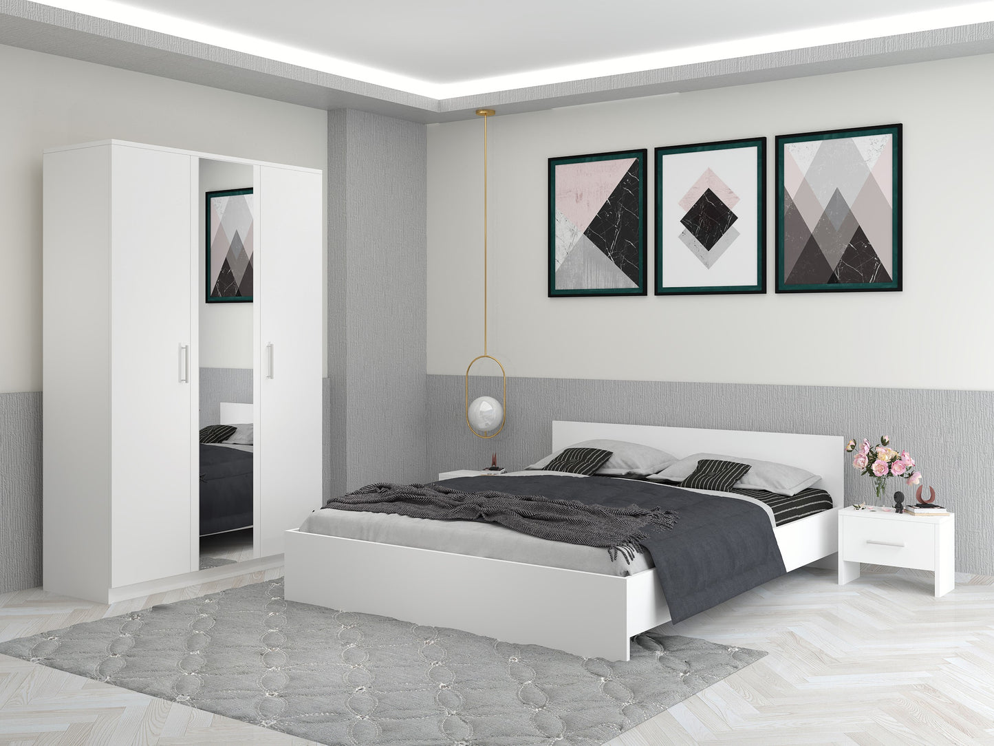 Dormitor EVA – Pat Modern cu 2 Noptiere și Dulap cu Oglindă