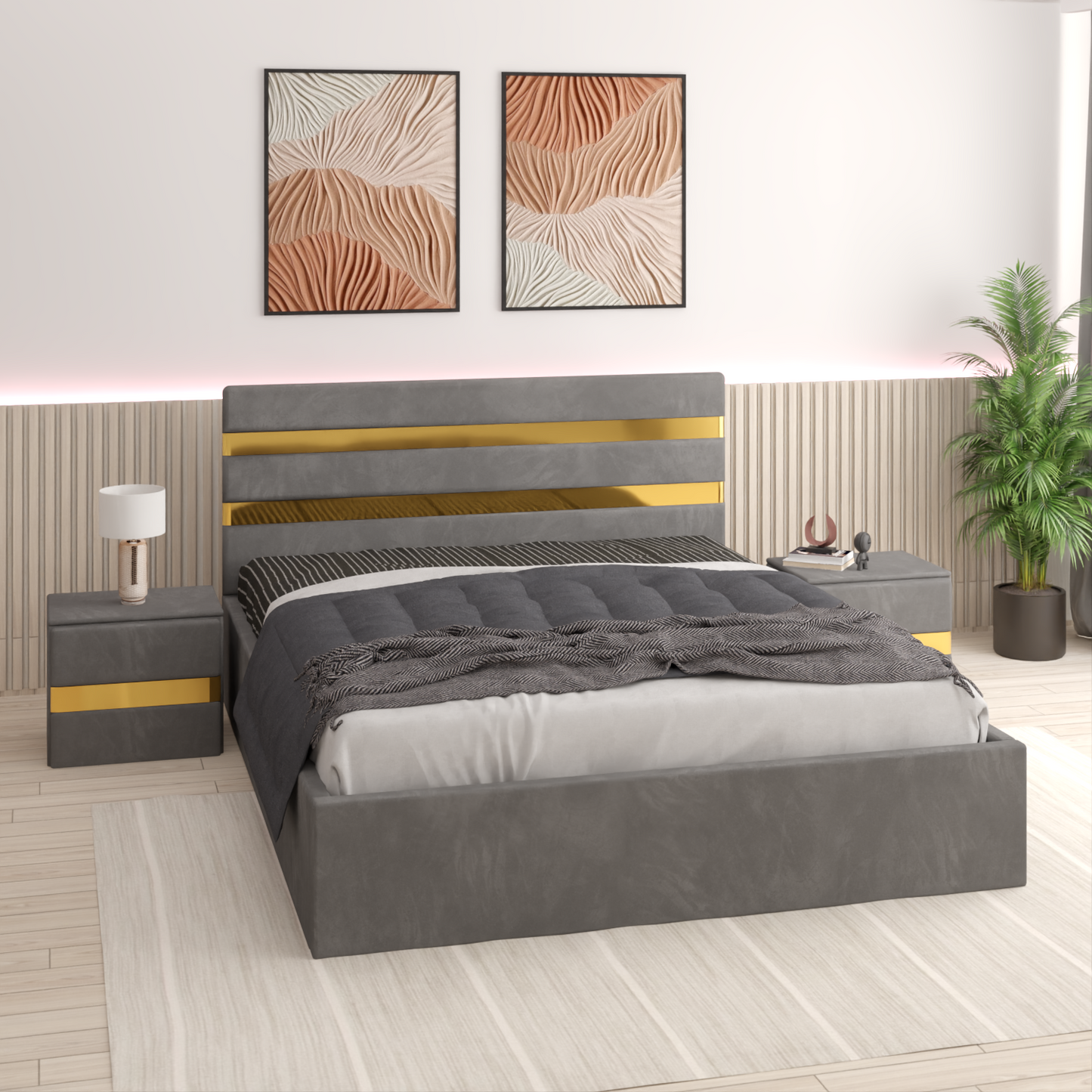 Pat Tapitat ATENA Cu 2 Noptiere Tapitate