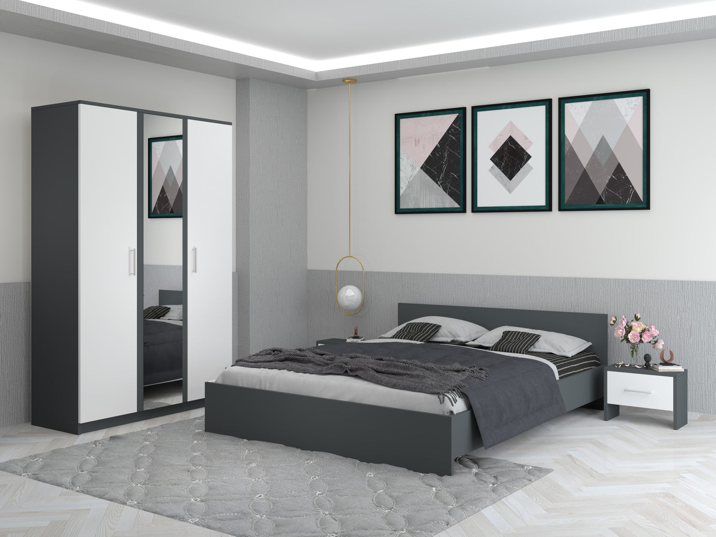 Dormitor EVA – Pat Modern cu 2 Noptiere și Dulap cu Oglindă