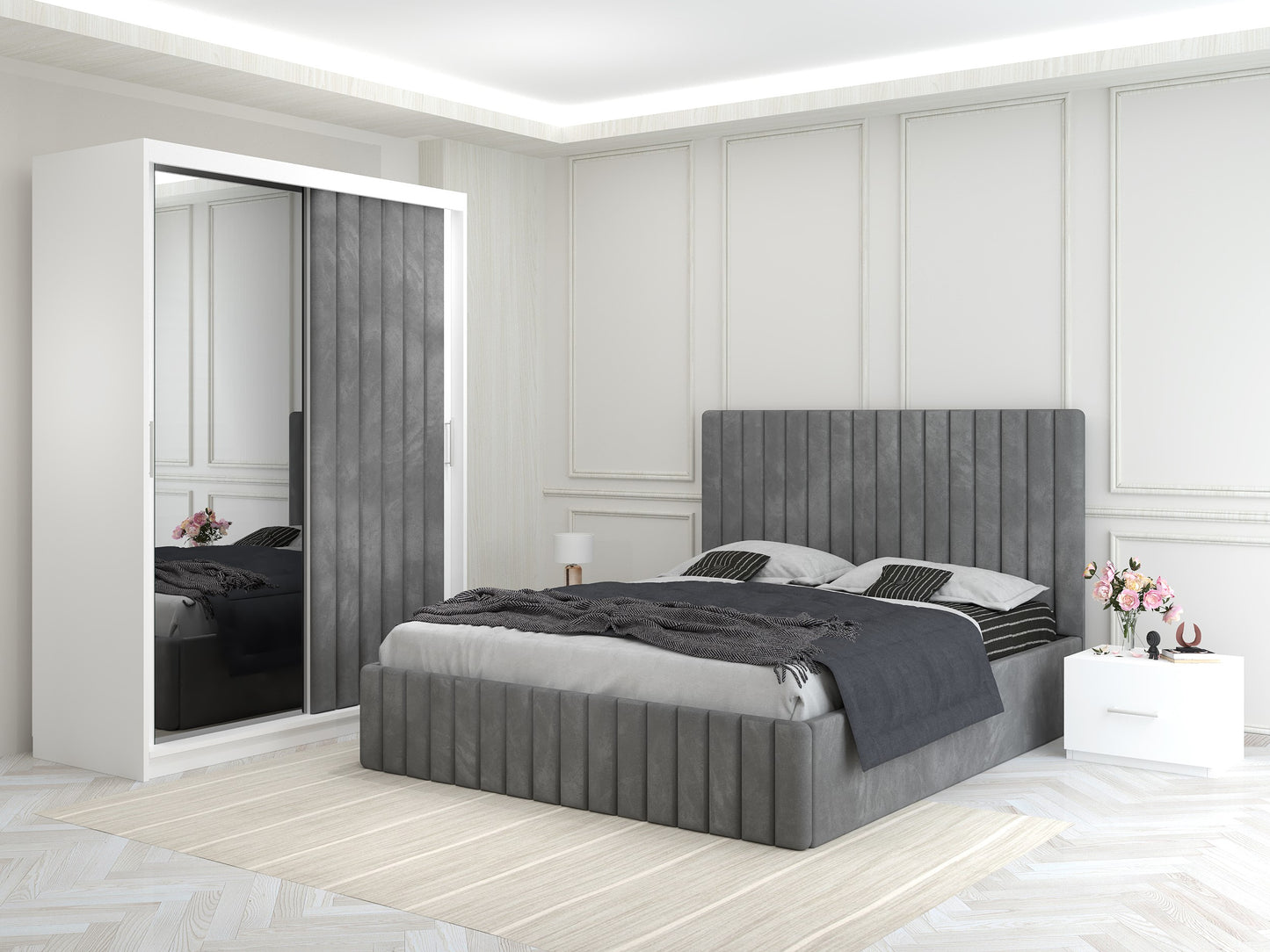 Dormitor Melania – Pat Tapițat cu 2 Noptiere + Dressing Tapițat cu Oglindă