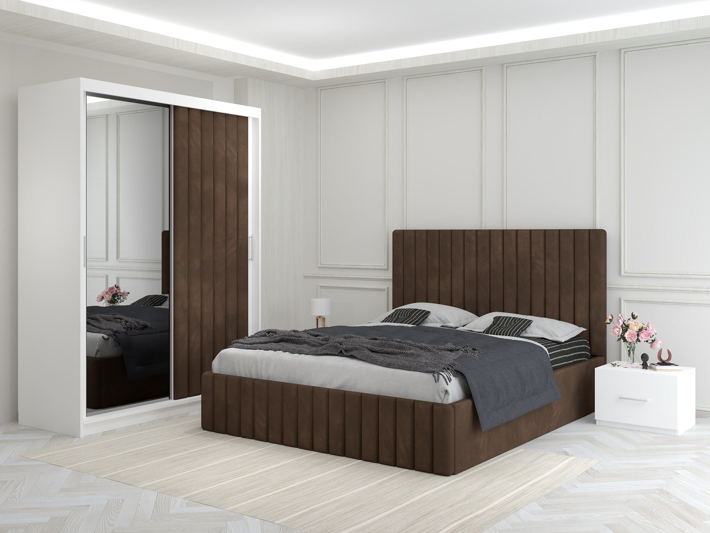 Dormitor Melania – Pat Tapițat cu 2 Noptiere + Dressing Tapițat cu Oglindă