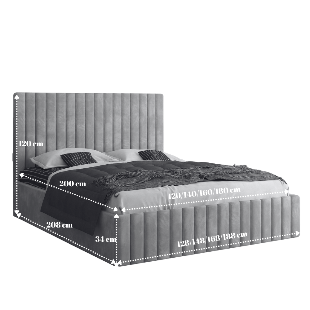 Dormitor Melania – Pat Tapițat cu 2 Noptiere + Dressing Tapițat cu Oglindă