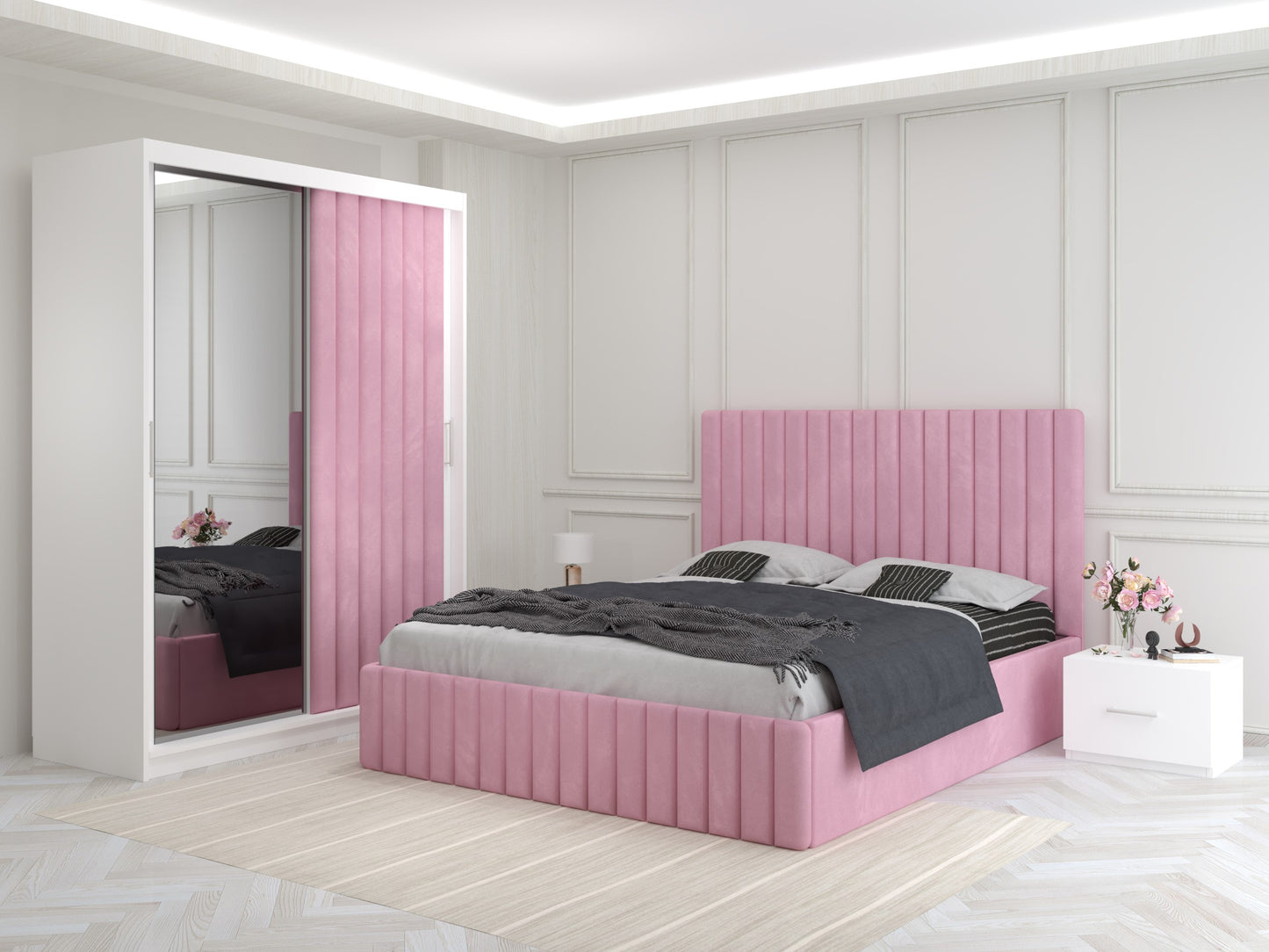 Dormitor Melania – Pat Tapițat cu 2 Noptiere + Dressing Tapițat cu Oglindă