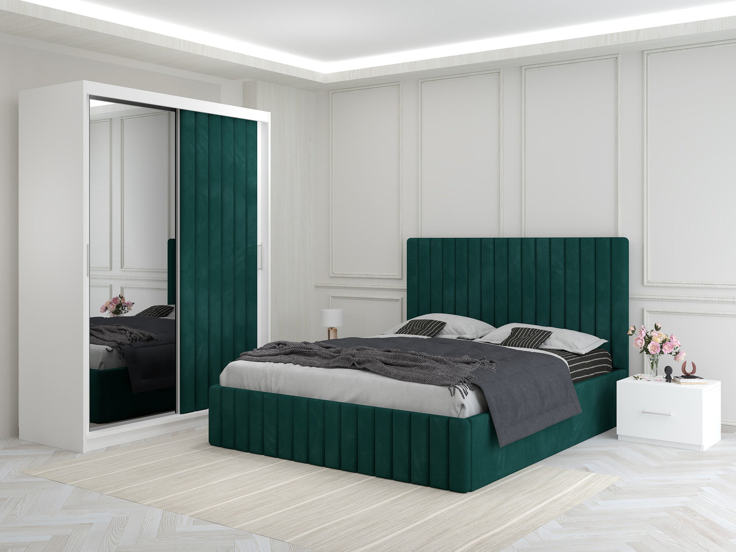 Dormitor Melania – Pat Tapițat cu 2 Noptiere + Dressing Tapițat cu Oglindă