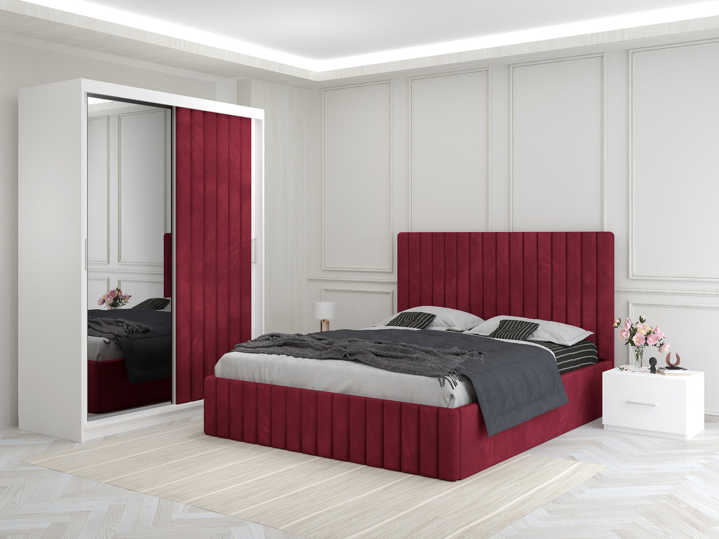 Dormitor Melania – Pat Tapițat cu 2 Noptiere + Dressing Tapițat cu Oglindă