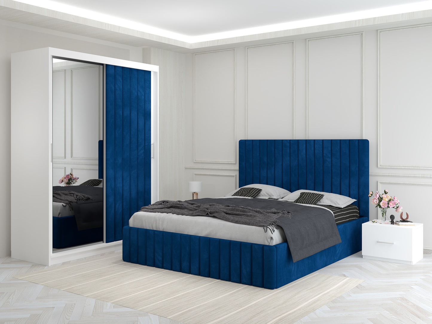 Dormitor Melania – Pat Tapițat cu 2 Noptiere + Dressing Tapițat cu Oglindă