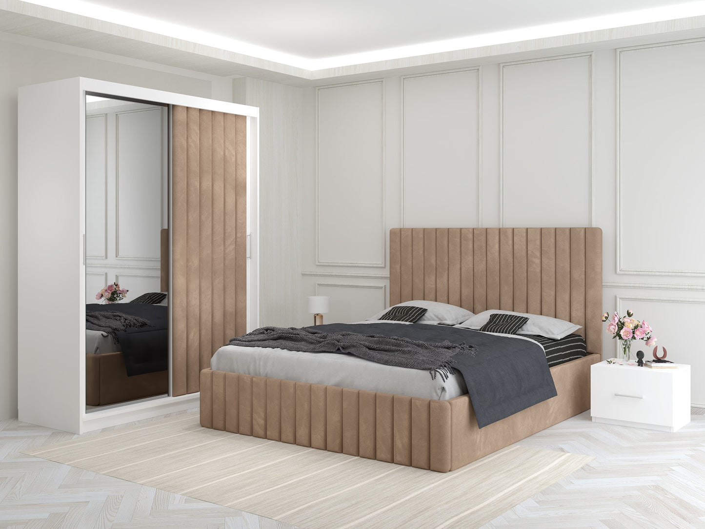 Dormitor Melania – Pat Tapițat cu 2 Noptiere + Dressing Tapițat cu Oglindă