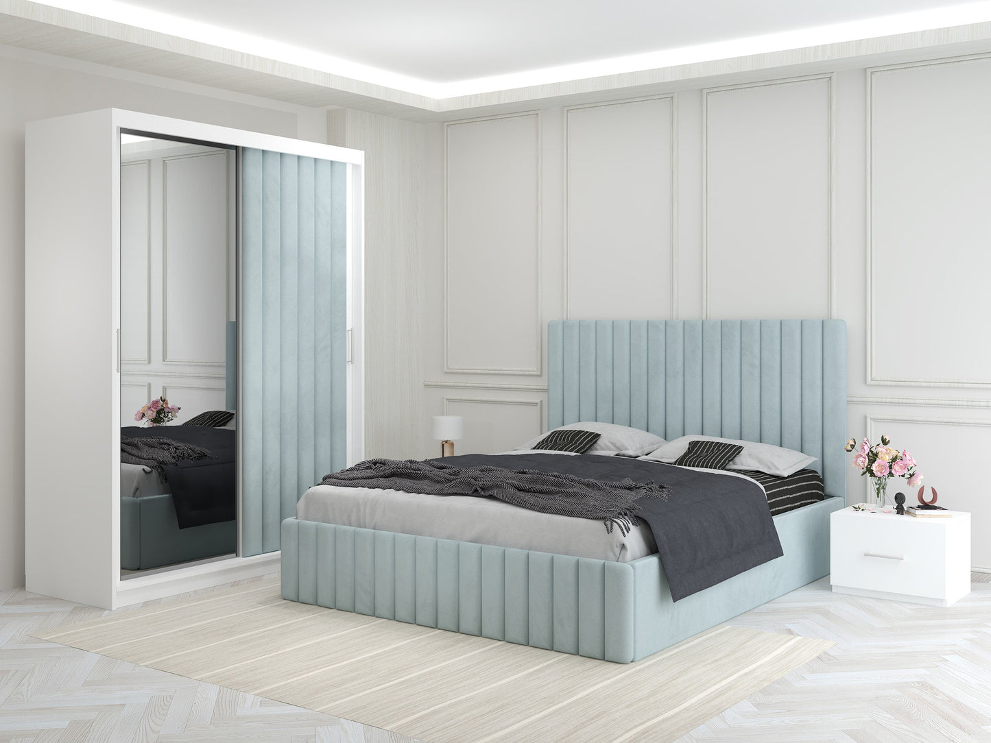 Dormitor Melania – Pat Tapițat cu 2 Noptiere + Dressing Tapițat cu Oglindă