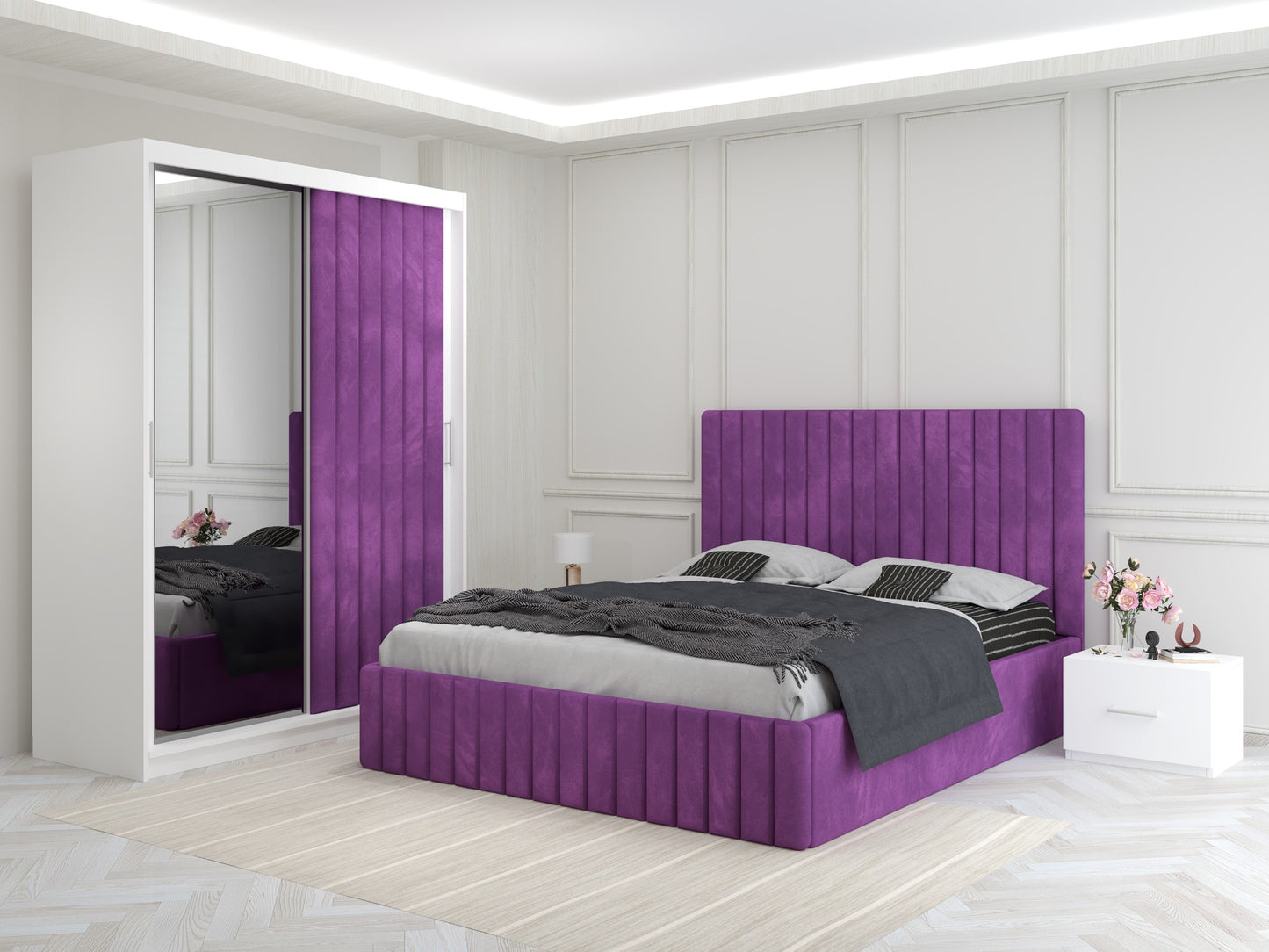 Dormitor Melania – Pat Tapițat cu 2 Noptiere + Dressing Tapițat cu Oglindă