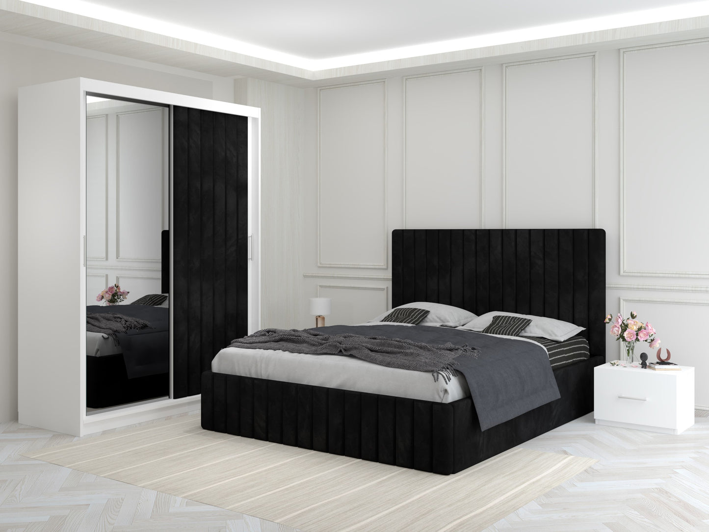 Dormitor Melania – Pat Tapițat cu 2 Noptiere + Dressing Tapițat cu Oglindă