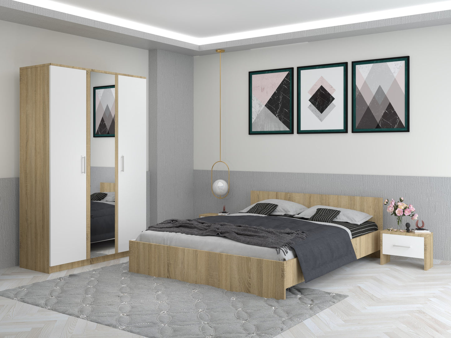 Dormitor EVA – Pat Modern cu 2 Noptiere și Dulap cu Oglindă