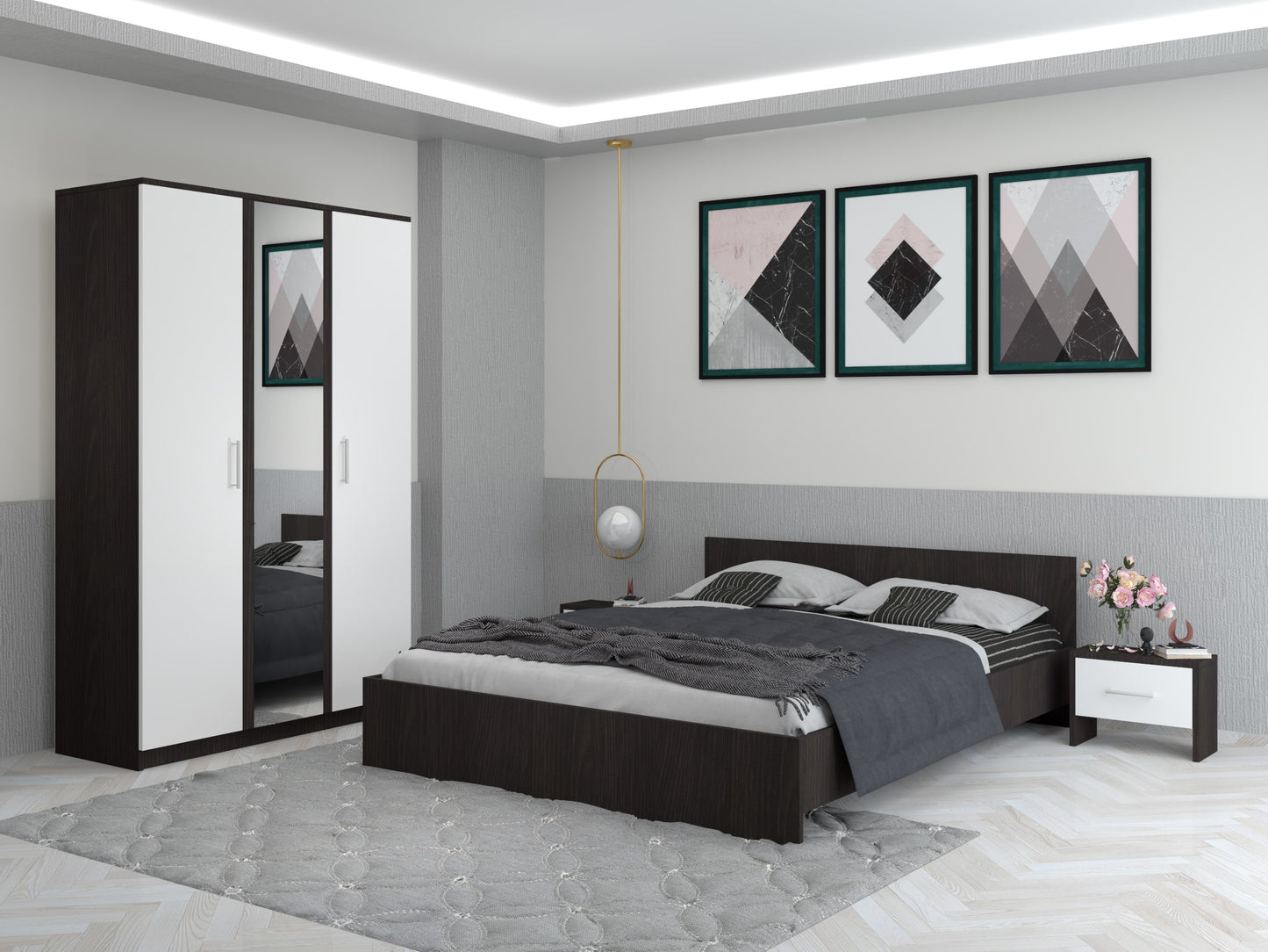 Dormitor EVA – Pat Modern cu 2 Noptiere și Dulap cu Oglindă